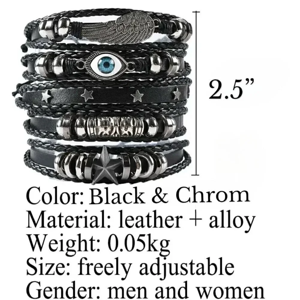 NWT Set Of 5 Black Leather Adjustable Braided Woven Bracelets Chrome Charms